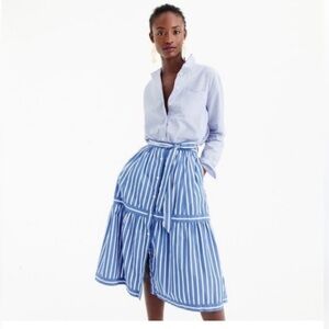 NWOT J. Crew Blue and White A-Line Midi Skirt with Tie Front